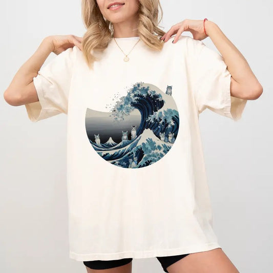 Blue Wave Cat Comfort Colors Shirt, Inspired Japanese Artistic Cat Graphic Tee, Childless Cat Ladies Unhinged Shirt, Funny T-shirt For Women, Cat Mom Tee, Cat Lover Shirt, Womenswear, Cotton Fabric Relaxed Fit Chic Style bluewave catshirt Top Printed