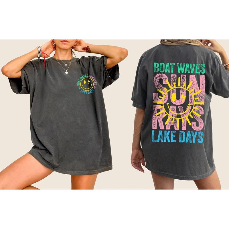 Boat Waves, Sun Rays, Lake Days, Lake Life, Summer, Boating, Lake Hair, Retro, Front and Back, Tshirt, Women's Comfort Color Tee, Tshirt