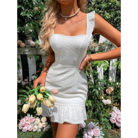 Boho Backless Knot Ruffle Hem High Waist Trim Textured Mini DressY2K