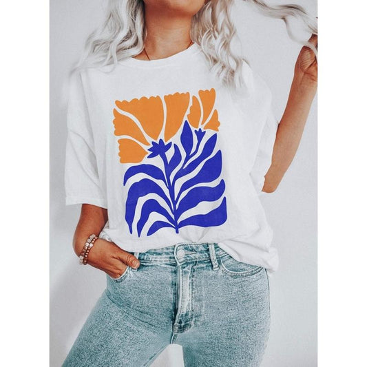 Boho Botanical Blue and Orange Wildflower T-Shirt