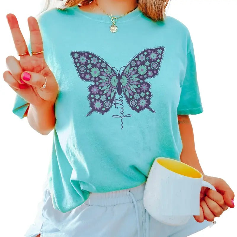 Boho Butterfly Shirt, Cute Faith Shirt, Inspirational Christian Apparel, Floral Butterfly Tshirt, Unisex T-Shirt, Short Sleeve Tee Shirt, Gifts For Women, Gifts For Birthday Mothers Day Christmas