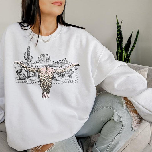 Boho Cow Skull Sweatshirt, Leopard Print Longhorn Shirt, Wild West Hoodie, Outdoor Wild West Sweatshirt, Cowboy Shirt, Country Music western clothing, western outfits women, western tops