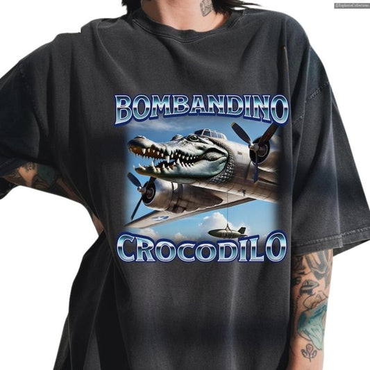 Bombardino Crocodilo Funny Brain Rot Meme T-shirt, Trending Bootleg Rap Sigma Weird Cringe Italian Crocodile Tee , Global Trending Outfits