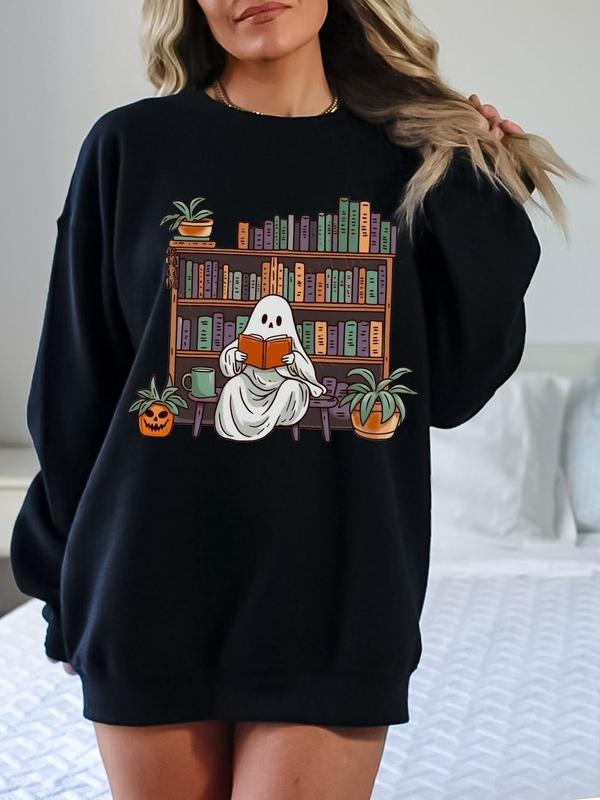 Bookish Ghost Sweater Spooky Library Sweatshirt for Book Lover Reading Sweatshirt Cottagecore Pumpkin Crewneck Librarian Appreciation Gift Fabric Comfort