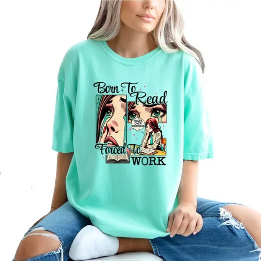 Born to Read, Forced to Work Unisex Sweatshirt - 90s Retro Vibe Bright Cartoony Comic Book Design | Perfect for Book Lovers | Fun & Comfy Reading Apparel | Vintage-Inspired Graphic in Bold Colors | Cozy Sweatshirt for Readers | Nostalgic, Playful Style