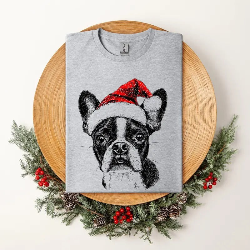 Boston Terrier, Santa, Dog, Christmas, Dog Lover, Pet T-Shirt, Soft Style Tee, Women's Graphic Tshirt