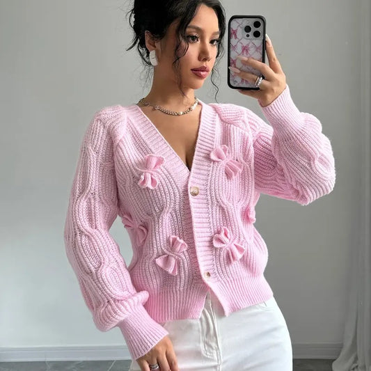 Bow Button Down Cardigans Long Sleeve V Neck Chunky Knit Sweater Outerwear
