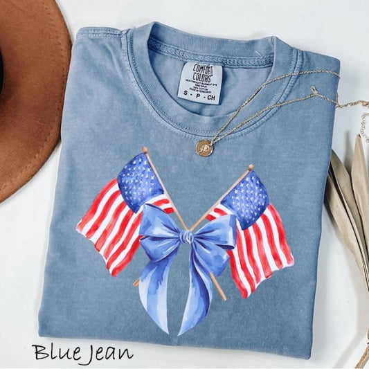 Bow Coquette 4th of July Shirt, Usa Bow Flag Shirt, Womens Fourth of July Shirt, American Flag Shirt,  Independence Day Tee