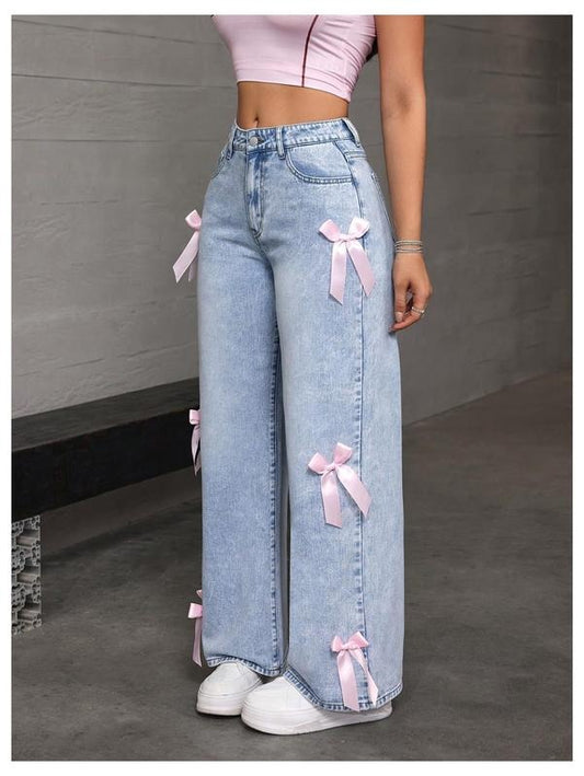 Bow Knot Zip Up Denim Pants Loose Fit Button Front Straight Leg Jeans baggy jeans