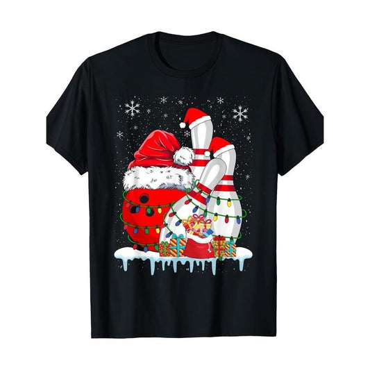 Bowling Christmas Bowling Santa Hat Christmas Lights 220g 100% Cotton T-Shirt made in usa