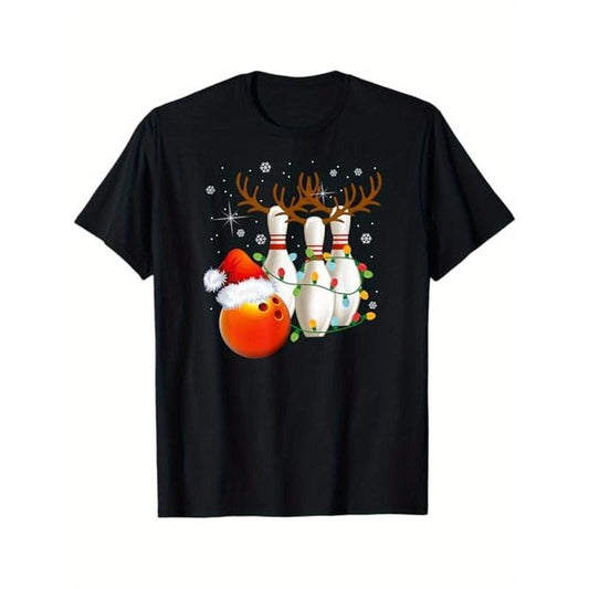 Bowling Gifts Christmas Bowling Santa Hat Christmas Lights T-Shirt, 100% Cotton, Halloween Thanksgiving Christmas Gift for Men Women Family Friends, S-XXXL, Black made in usa