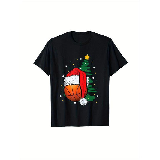 Boys' Festive Christmas T-Shirt with Santa Hat & Basketball Print - 100% Cotton, Short Sleeve, Crew Neck - Perfect Holiday Gift for Youngsters made in usa