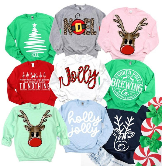 Bright Christmas Sweatshirt Noel Fun Christmas Pullover Holiday Jolly PUllover Santa and Reindeer Holly Sweatshirt Comfort Fabric Menswear Top