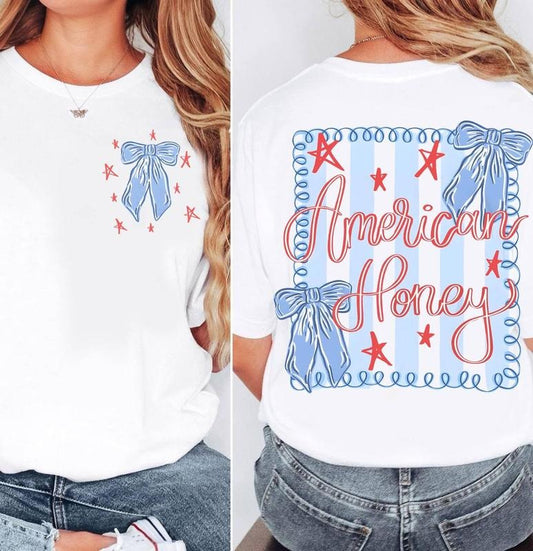 Brushtroke American Honey Flag Coquette Bows 2 Sided Shirt, Trendy Red White Blue Tee, USA Independence Fourth of July Shirt, Memorial Day Gift