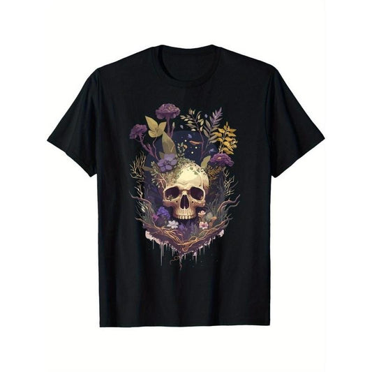 Bucolic Skull Mushroom collector Morels mycologist Goth T-shirt Made in USA