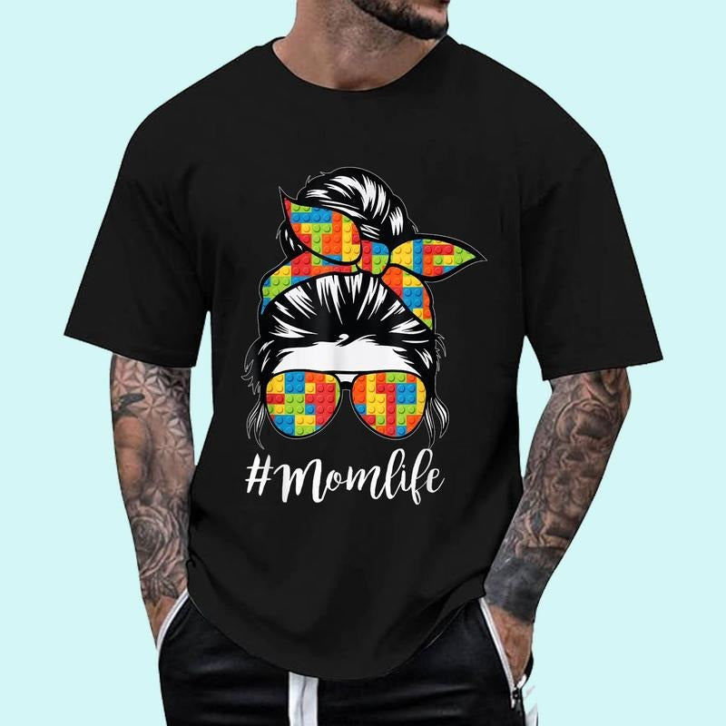 Building Block Messy Bun Mom Life Master Builder Mothers Day Unisex T-Shirt, Cotton 100%, Top Trending Fashion