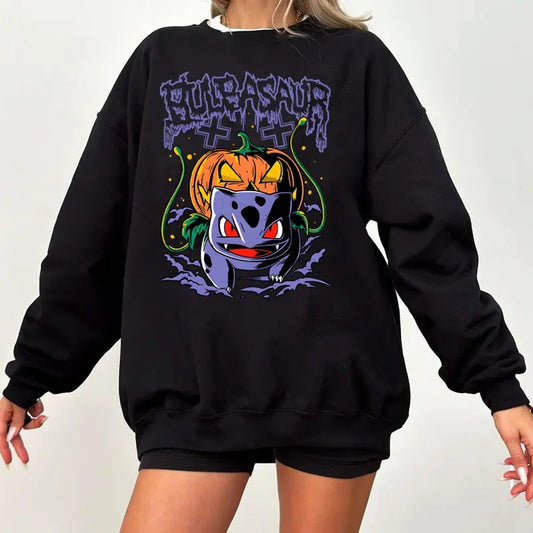 Bulbasaur Pumpkin Sweatshirt, Pokemon Pumpkin Sweatshirt, Halloween Sweatshirt, Spooky Pumpkin Monster Sweatshirt, Gengar Japan Anime Sweatshirt, Pokemon "Halloween Bulbasaur" Sweatshirt, Gengar Sweatshirt, Anime Sweatshirt