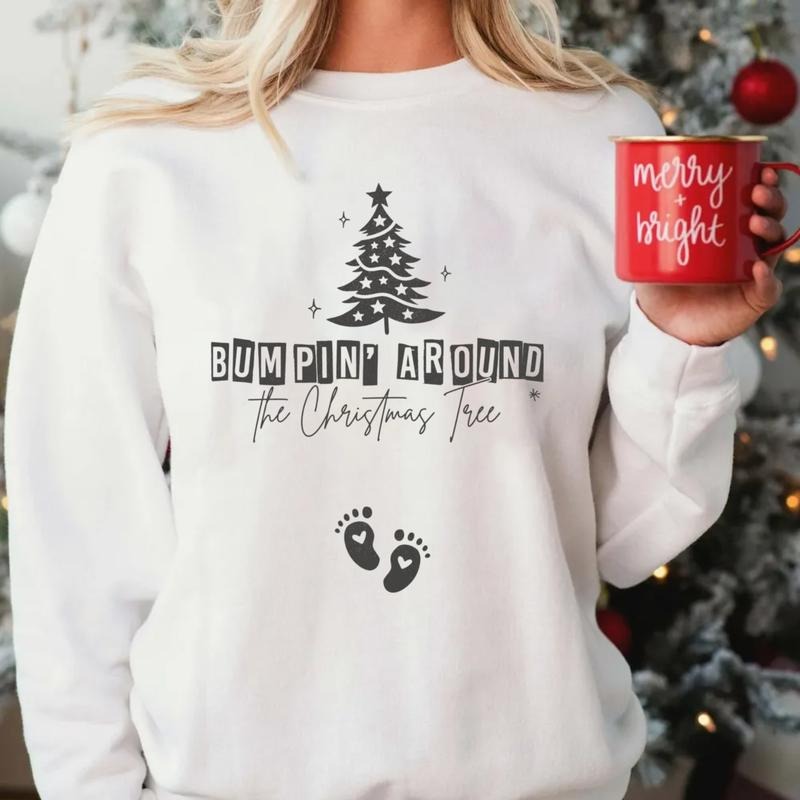 Bumpin Around The Christmas Tree Sweatshirt, Pregnancy Sweater, Pregnancy Announcement Tee, Maternity Shirt, Unisex Long Sleeve Crewneck Shirt
