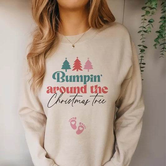 Bumpin Around the Christmas Tree Pregnancy Announcement Sweatshirt XMas Maternity Sweater Holiday Gender Reveal Jumper New Mom Baby Gift