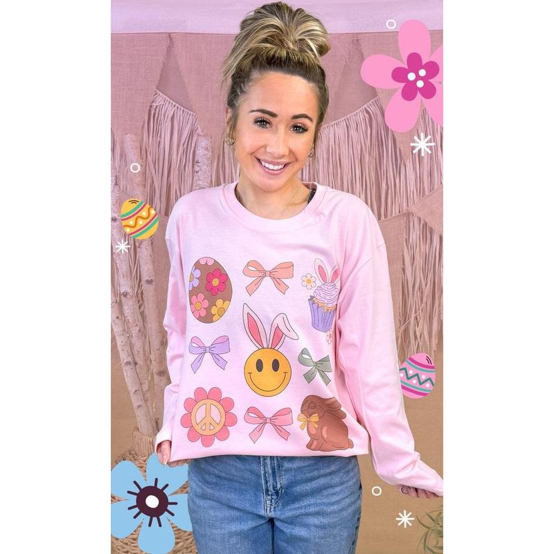 Bunnies and Bows Easter Graphic Long Sleeve T-Shirt