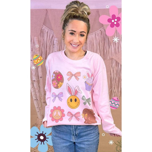 Bunnies and Bows Easter Graphic Long Sleeve T-Shirt