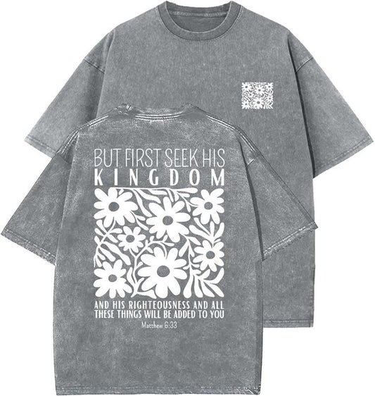 But First Seek His Kingdom Unisex Washed T-Shirt, Christian t shirts, Vintage 90s Graphic Tee, Gift Top Womenswear Cotton Mineral Color