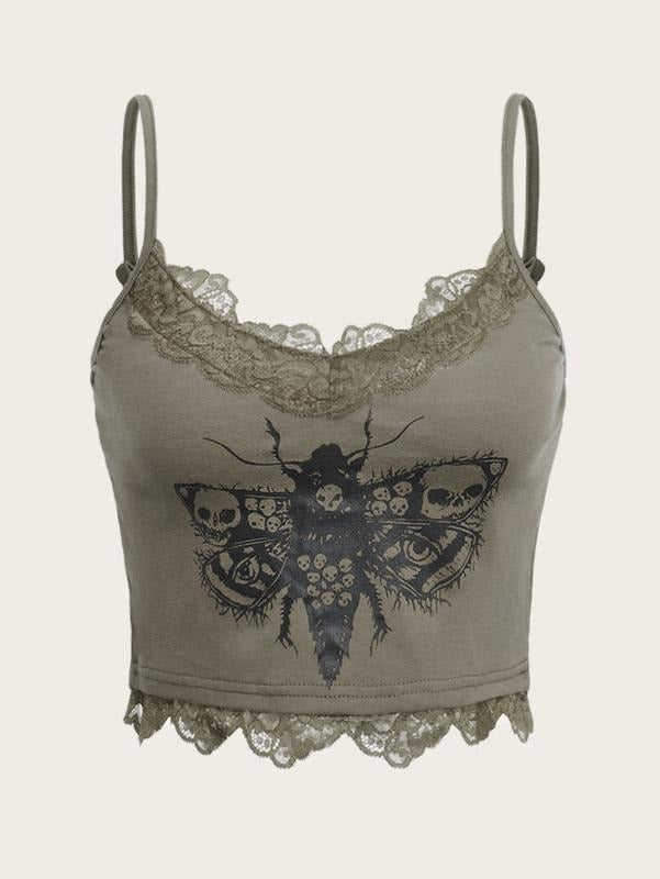 Butterfly Skull Print Contrast Lace Spaghetti Strap Sleeveless Cami Tank Crop TopsY2K