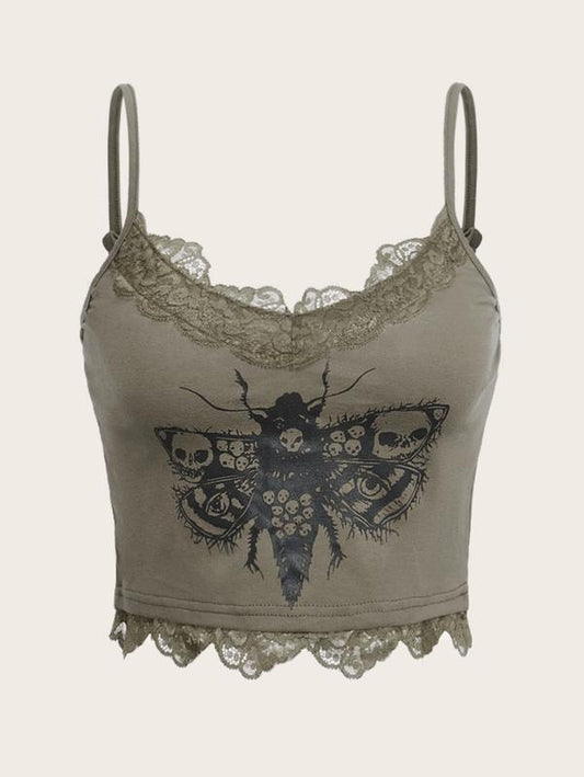 Butterfly Skull Print Contrast Lace Spaghetti Strap Sleeveless Cami Tank Crop TopsY2K