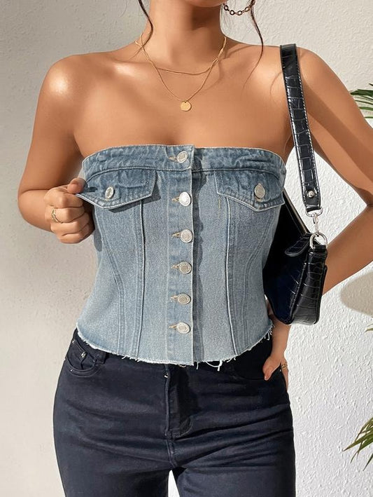Button Down Raw Hem Denim Tube Tops Strapless Sleeveless Bandeau Crop Tops