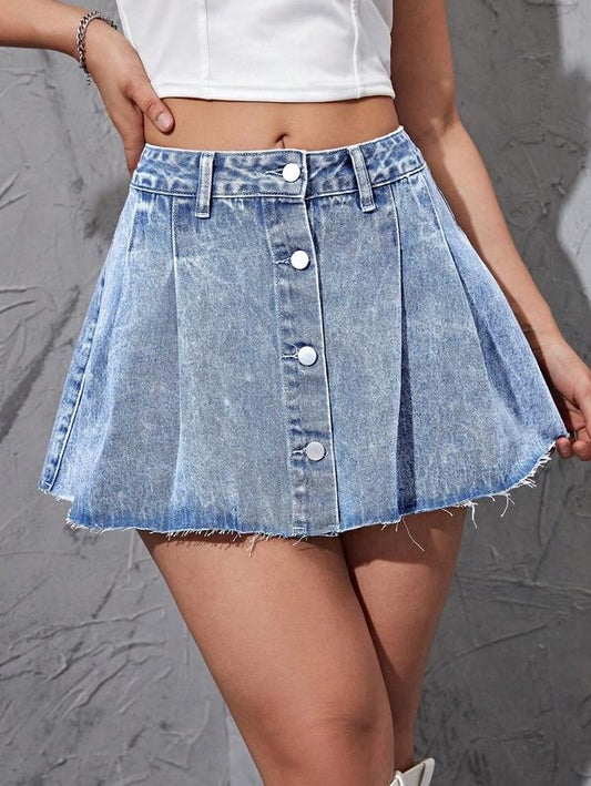 Button Front Raw Hem Denim Skirt High Waisted A Line Mini Jean SkirtY2K
