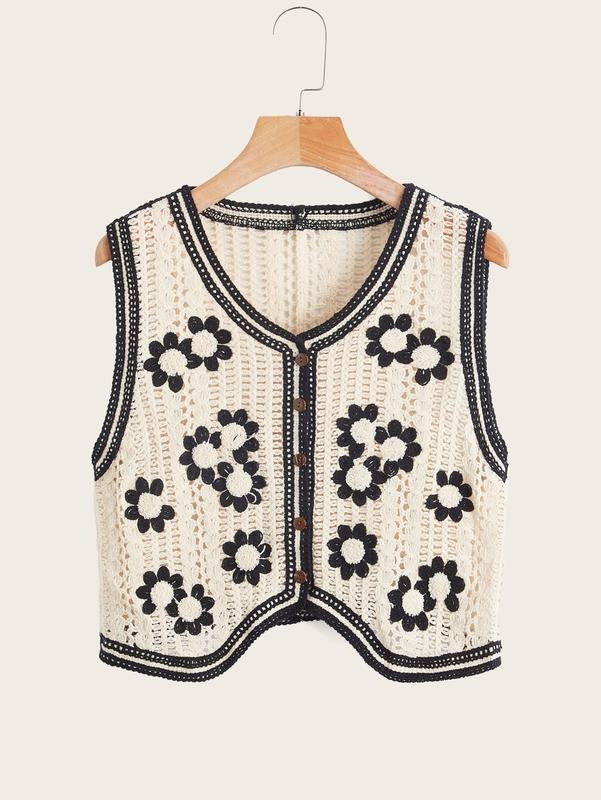 Button Front V Neck Sleeveless Floral Pattern Knit Sweater VestY2K