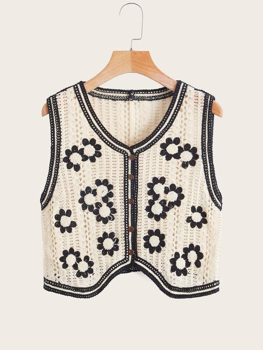 Button Front V Neck Sleeveless Floral Pattern Knit Sweater VestY2K