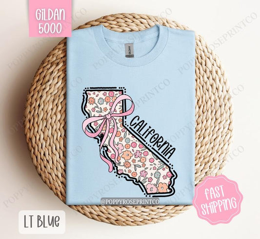 California Gildan T-shirt, Cute California State Shirt, California Floral Bow Tee