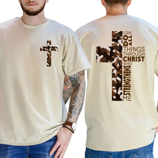 Camo Christian Cross Shirt 2-Sided, I Can Do All Things Through Christ T-shirt, Unisex Hunting Tees, Bible Verse Tops, Jesus Apparel, Classic Menswear
