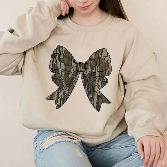 Camo Coquette Bow Sweatshirt, Old School Style Tee, Cotton Round Neck Tee, Unisex Tshirt for Men and Women, Menswear, Womenswear, Lady Top Fabric gift sweatshirt