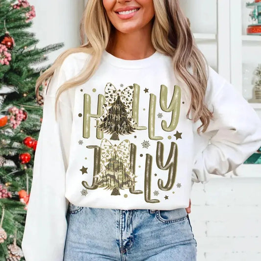 Camo Holly Jolly Christmas Graphic Printed Sweatshirt, Camo Christmas Tree Coquette Bow, Hunting Season Tee