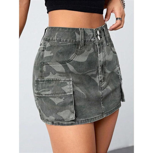 Camo Print Denim Mini Skirt Low Waisted Flap Pocket Jean Cargo SkirtY2K