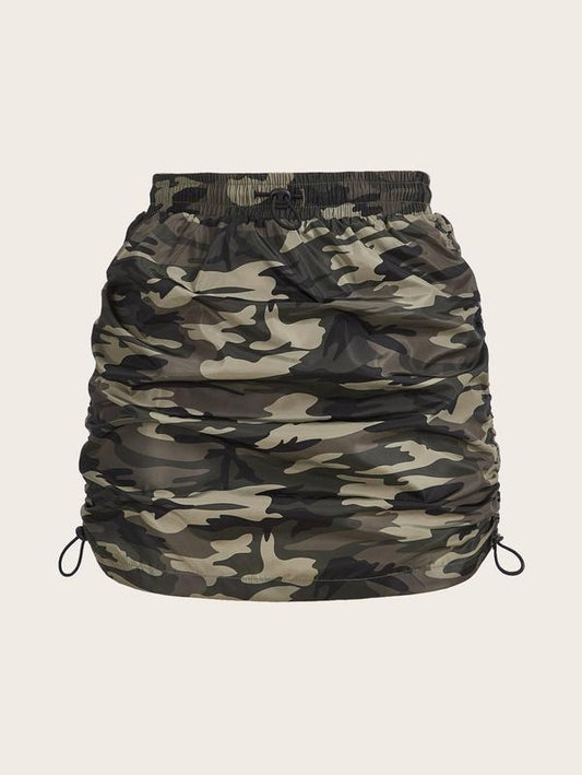 Camo Print Ruched Mini Skirt Drawstring High Waisted Bodycon Skirts