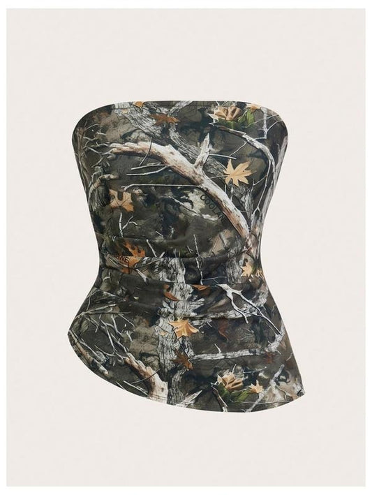 Camo Strapless Tube Top Sleeveless Ruched Asymmetrical Bandeau Top rave outfits