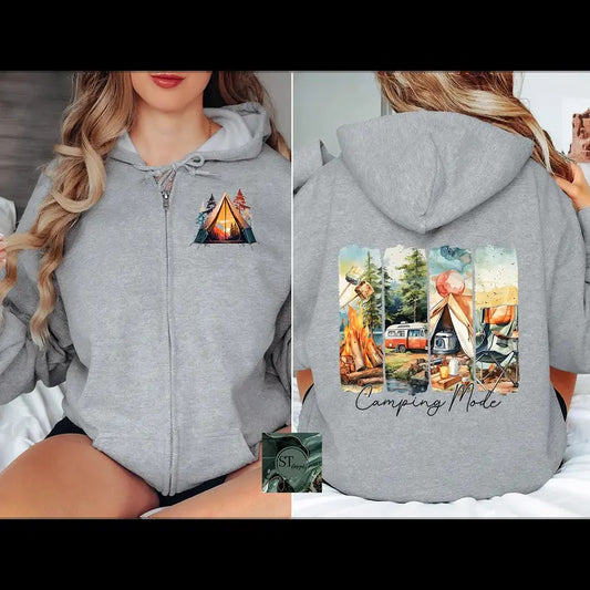 Camping Mode Zip Hoodie Black or Sport Grey