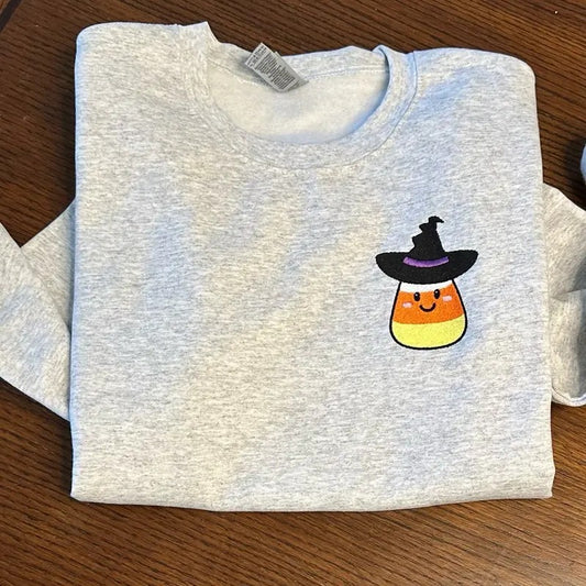 Candy Corn Witch Halloween Embroidered Crewneck Sweatshirt Comfort
