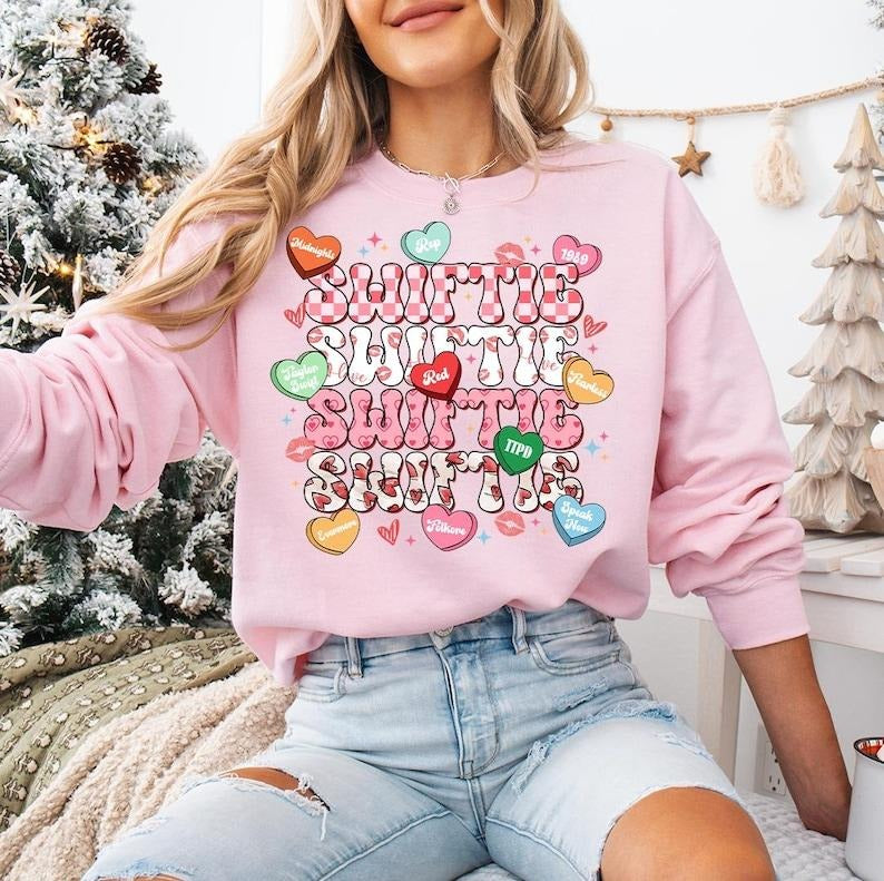 Candy Heart Valentine , Crewneck Sweatshirt, Cozy Winter Apparel, TS Gift Fan, Valentine , Music Fan V Day