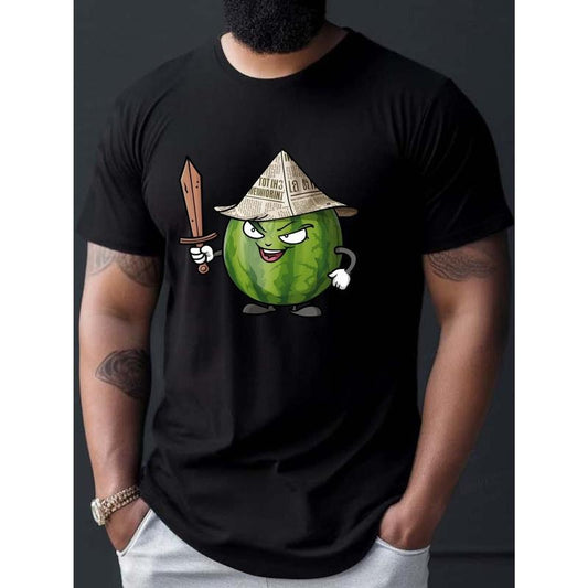 Cartoon Of A Watermelon Print Tee Shirt, Tees For Men, Casual Short Sleeve T-shirt For Summer made in usa