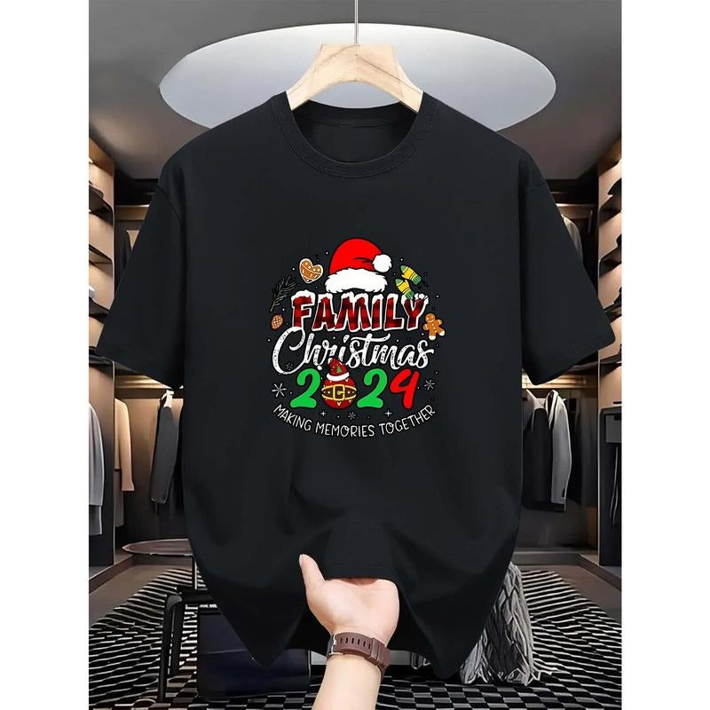 Casual Comfy Men's Crew Neck Tees, Merry Christmas Print T-shirts For Summer Made in USA