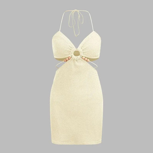 Casual Sleeveless Tie Backless Cut Out V Neck Bodycon Halter Mini Beach Boho DressY2K