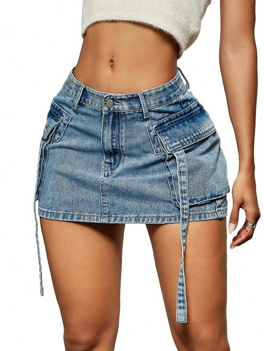 Casual Street Low Waist Tape Denim Cargo Mini Skirt with Flap Pocket