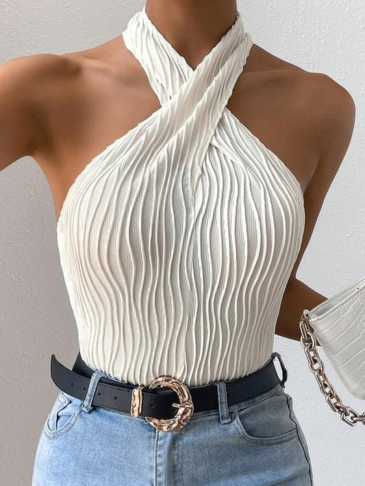 Casual Textured Criss Cross Keyhole Sleeveless Halter TopsY2K
