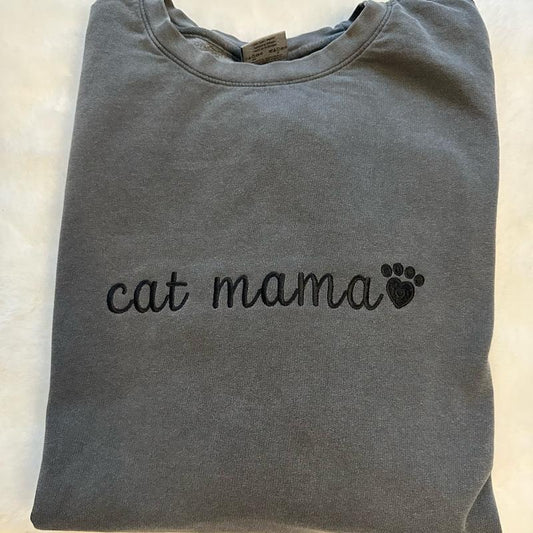 Cat Mama Embroidered Crewneck Sweatshirt Comfort Colors or Gildan Winter Casual Long Sleeve Medium Length for Cat Lovers