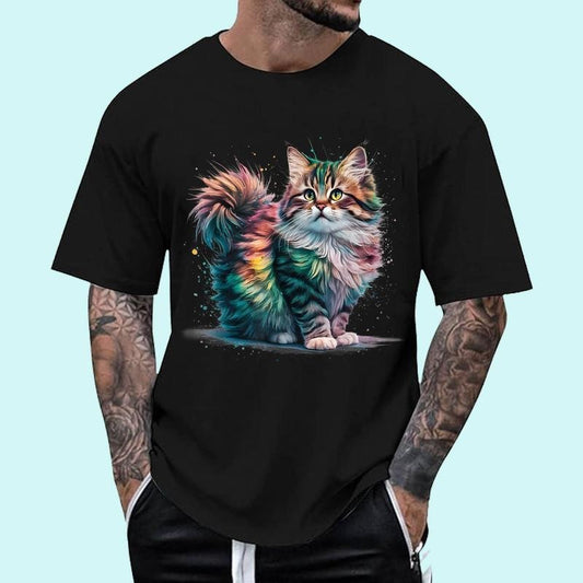 Cat Men Women Colourful Watercolour Cat Unisex T-Shirt, Cotton 100%, Top Trending Fashion