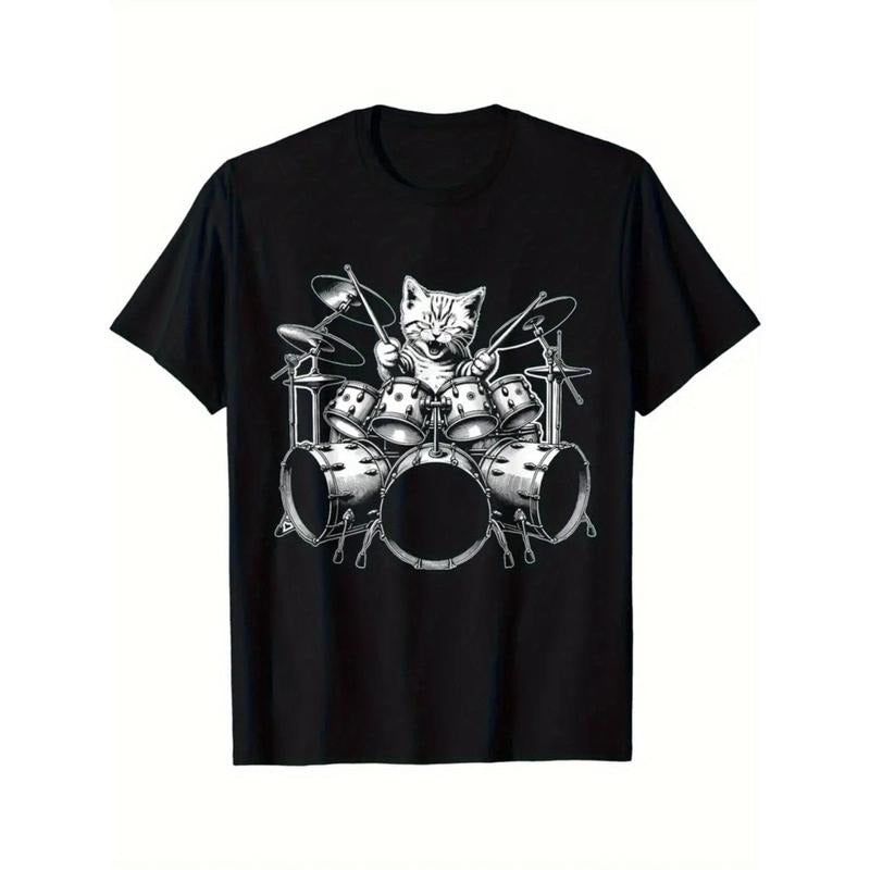 Cat Rock Band Fun Cat Drummer Cat Drum T-shirt  made in usa